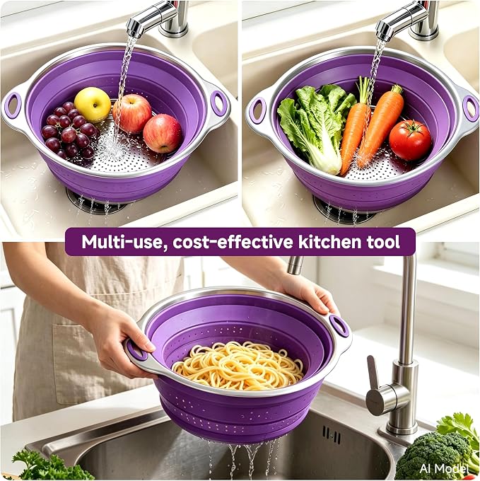 Mejoncb Collapsible Colander – Platinum Silicone Strainer with Stainless Steel Base, BPA-Free & Heat Resistant Kitchen Drain Basket (Purple)