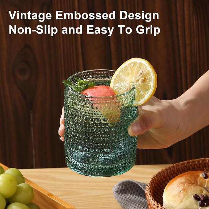 ZMOWIPDL Drinking Glasses Set of 12,Light Blue 12oz & 15oz Glass Cups | Vintage Hobnail Glassware，Embossed Water Tumbler,for Beer,Cocktail,Whiskey,Juice and Various Mixed Drinks