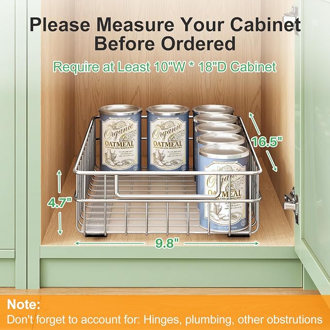 Pull out Cabinet Organizer, Stainless Steel 4-Pack (9.8"W x 16.5"D) Full-Extension Slide out Drawer, Adhesive Roll out Can Spice Storage Basket Shelf Rack for Pantry, Kitchen, Bathroom, Home Closet