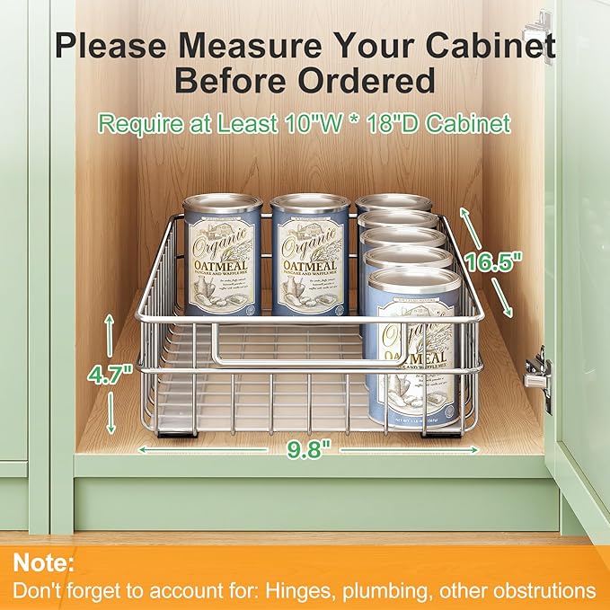 Pull out Cabinet Organizer, Stainless Steel 1-Pack (9.8"W x 16.5"D) Full-Extension Slide out Drawer, Adhesive Roll out Can Spice Storage Basket Shelf Rack for Pantry, Kitchen, Bathroom, Home Closet