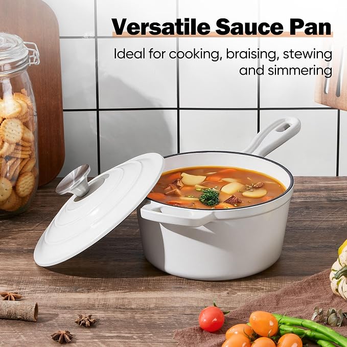Homikit 1 QT & 2 QT Saucepan Set, Enameled Cast Iron Saucepan with Lid for All Cooktops, Small Pot Mini Dutch Oven for Kitchen Cooking, Boiling, Nonstick & Heavy Duty, White