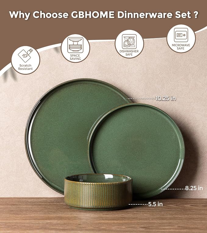 GBHOME Stoneware Dinnerware Sets for 4, 12 Pieces Plates and Bowls Set | Lightweight Ceramic Ribbed Dishes,Reactive Glaze Stackable Plate Set,Scratch Resistant,Microwave&Dishwasher Safe,Sage Green