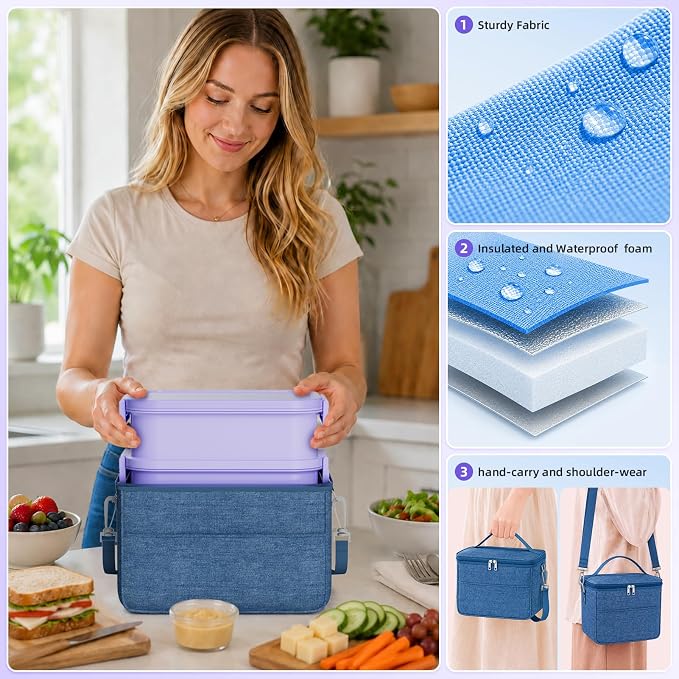 Adults Lunchbox Bento Box with Lunch Bag for Women-74 OZ All-in-One Stackable Lunch Box for Adults Kids Leakproof Bento Large Lunch Box Containers with Fork Spoon Sauce Box for Work School (Purple)