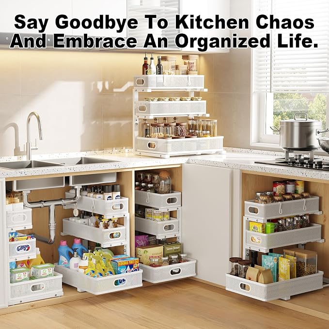 2 Pack Under Sink Organizer,3-Tier White Metal Pull Out Kitchen Cabinet Organizers,Slide Out Undersink Storage Drawers,Under The Sink Organization and Storage, Bathroom Shelves for Pantry,Laundry Room