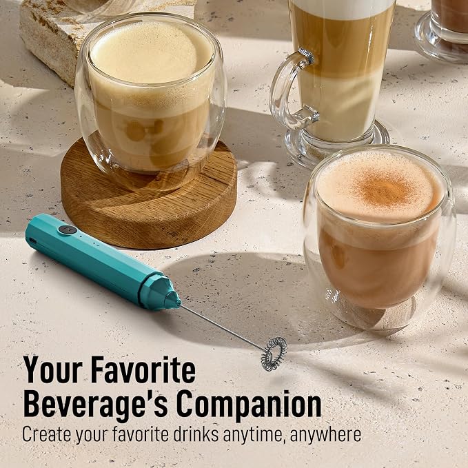 Zulay Froth N Go Milk Frother – Rechargeable 3-in-1 Handheld Frother Wand with Travel Case & USB-C Charger – Single, Double & Egg Whisk for Latte, Cappuccino, Matcha, Protein Shakes - Electric Aqua