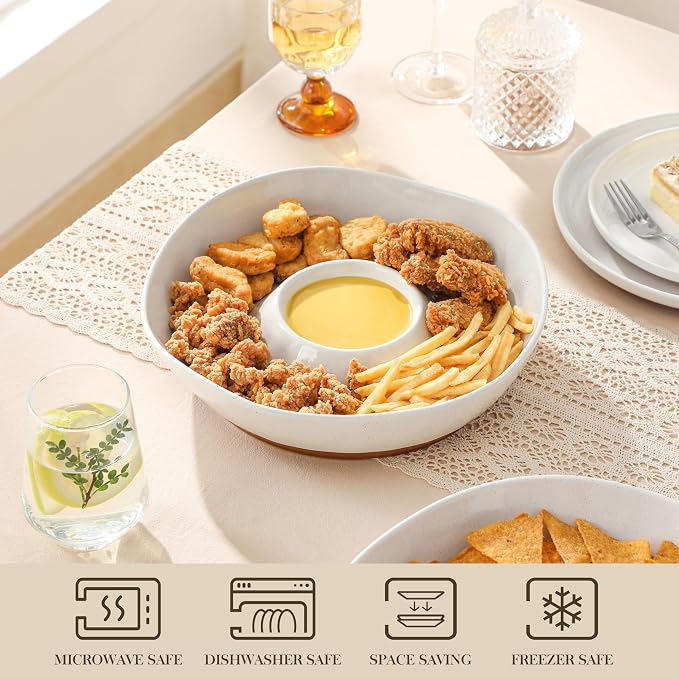 MALACASA Ceramic Chips and Dip Serving Tray, 12 Inch Dip Serving Tray | Free-Form Divided Ceramic Chips and Dip Bowls for Parties, Hosting and Entertaining, White