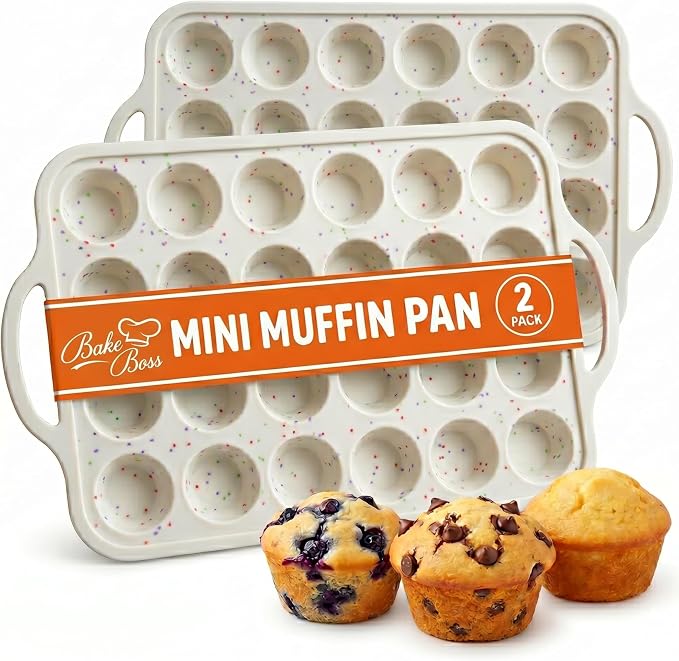 Silicone Mini Muffin Pan, 24 Cup 2 Pack with Metal Reinforced Frame | LFGB Certified BPA-Free Silicone Mini Muffin Pan for Baking with Nonstick Surface for Easy Release.