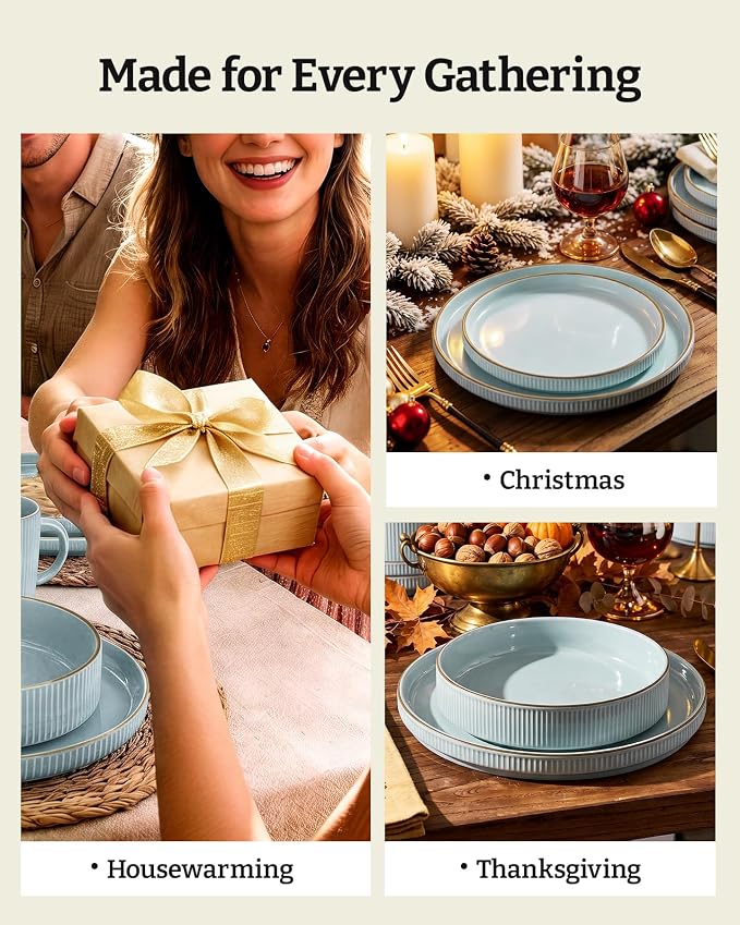 Famiware Stoneware Dishes Dinnerware Sets for 6, Plates and Bowls with Trim | 18pc Ceramic Dinner Set with Lipped Edges, Chip & Scratch Resistant , Microwave & Dishwasher Safe, Everyday Formal Use, Blue