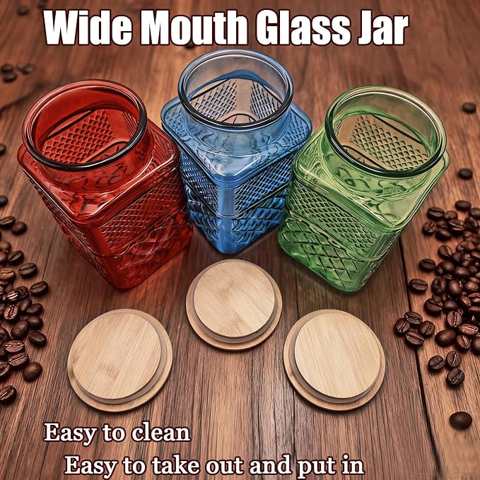 Coriario 60oz Square Glass Food Storage Jar with Airtight Lid and Spoon | Blue Large Glass Coffee Canister Vintage Decorative Sugar Container Jars