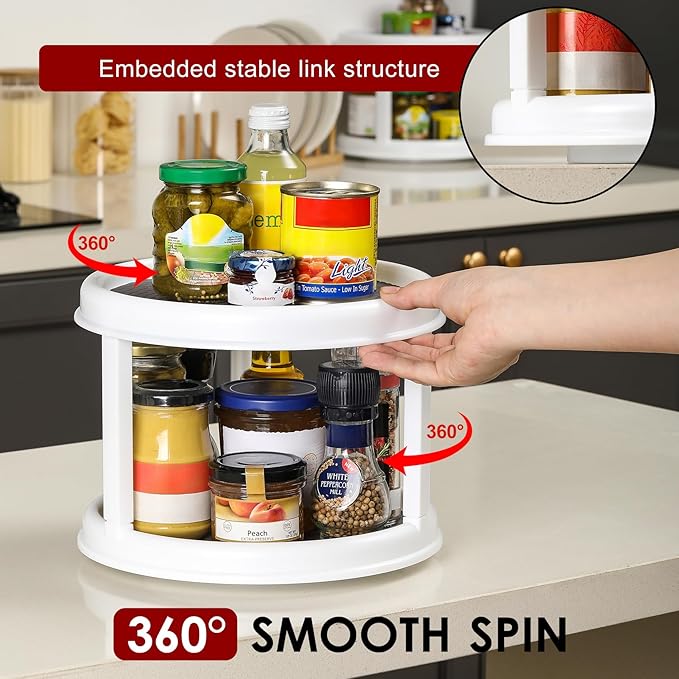 2 Tier 10" Turntable Lazy Susan Spice Organizer - Rotating Seasoning Rack for Pantry Cabinet Kitchen Countertop, Table Top Organizing - Multiuse Two Tier Rotating Organization Rack Spinner