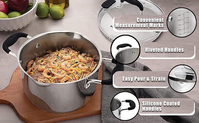 Rorence 3.7 Quart Stainless Steel Stock Pot with Lid, Pasta Pot for Cooking | Stockpot with Pour Spout & Silicone Handles & Glass Lid with Strainer