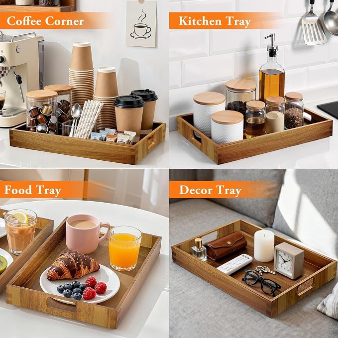 Serving Trays - 2 Pack, Large | Acacia Wood Serving Platters with Ergonomic Handles, Versatile Rustic Decorative Trays for Breakfast, Brunch, Dinner