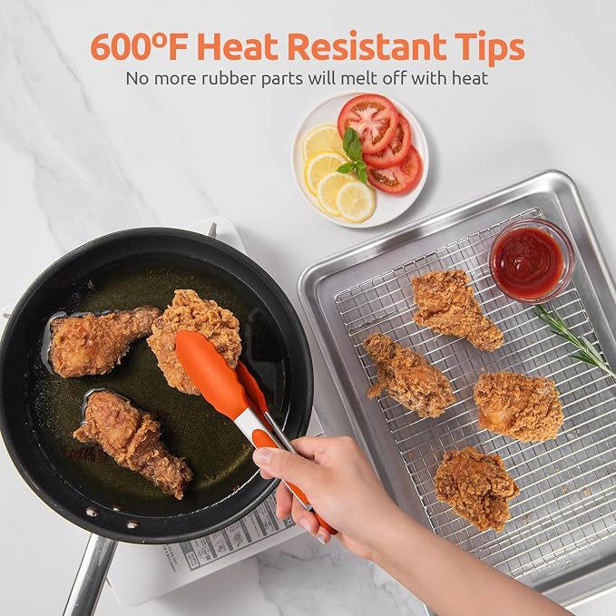 U-Taste Kitchen Tong for Cooking, 600ºF Heat-Resistant Tps, 7in/Orange | Small Mini Silicon Tongs for Serving Food, Short Salad Thong with Non Stick Rubber Tips & 18/8 Stainless Steel Handle