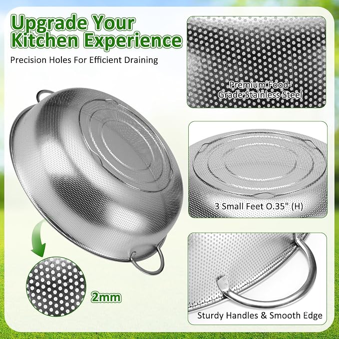 Gisafai 3 Pcs 10/12/16 Quart Stainless Steel Colander Set for Kitchen Micro Perforated Exlarge Metal Pasta Strainer with Handles Metal Mesh Strainer Net Basket Self Draining Solid Base for Pasta