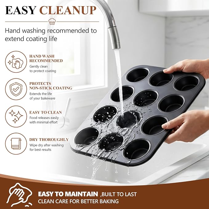 E-far 12-Cup Muffin Pan, 2 Pack Nonstick Carbon Steel Cupcake Pan Tin Tray | Metal Bakeware Muffin Baking Tins for Oven, Standard Size, Ideal for Muffins, Cake Tart, Brownies, Easy Clean & Non-toxic