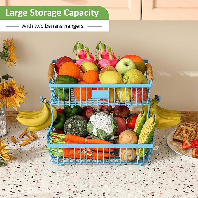 2 Tier Fruit Basket for Kitchen Counter with 2 Banana Hangers, Countertop Metal Bread Basket with Wooden Handle, Large Storage Stand for Vegetables, Snacks, Eggs, Produce Storage – Blue