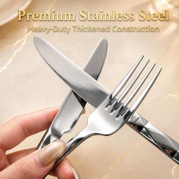30-Piece Silverware Set for 6, Premium Stainless Steel Flatware Cutlery Set with 3D Diamond Faceted Handles, Mirror Polished & Dishwasher Safe, Modern Kitchen Utensils Set