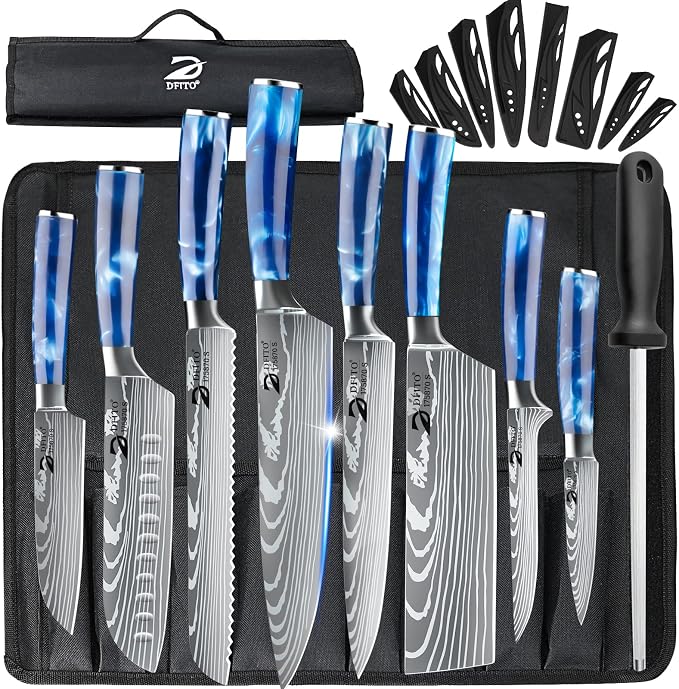 Chef Knife Sets with Roll Bag, 9 Pieces Professional Knife Set | High Carbon Stainless Steel Kitchen Chef Knife Set with Sharpener, Blue Resin Handle, Kitchen & Home Cooking, Dishwasher Safe