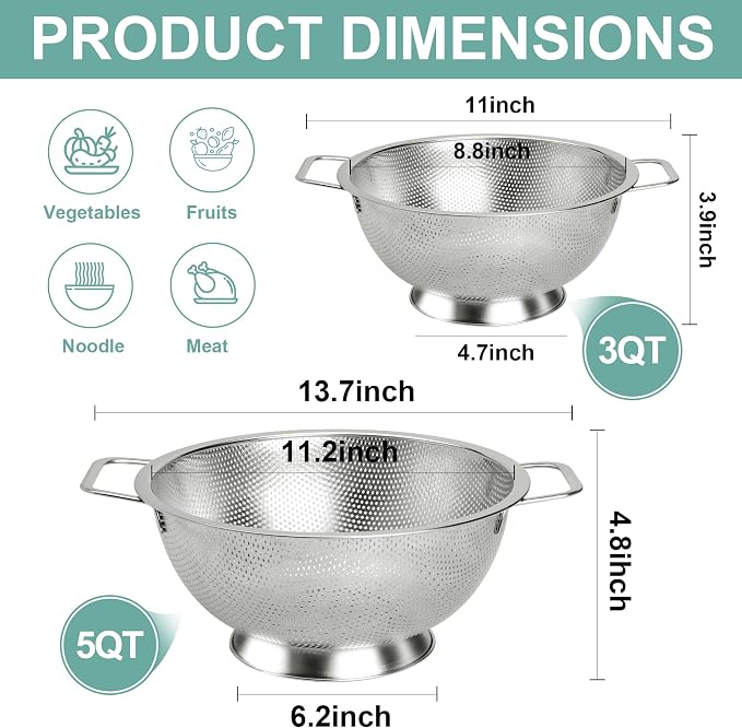 Kaishun Colander Stainless Steel 3-Quart,Strainer for Kitchen Food