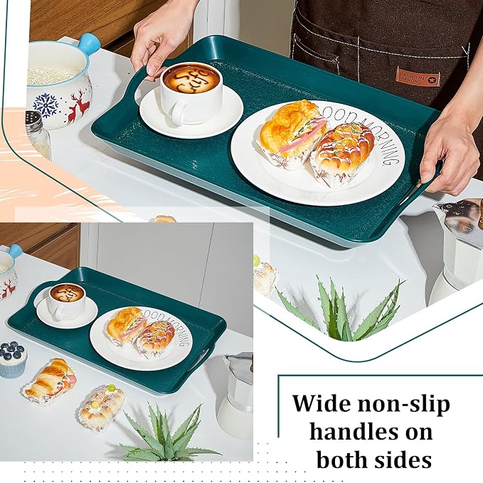 Kathfly 6 Pack 16" x 11" Serving Trays with Handles, Plastic Tray, Green | PP Material, Anti-skid Texture, Decorative Food Tray, for Restaurant, Hotel, Kitchen, Party; Not Microwave/dishwasher Safe