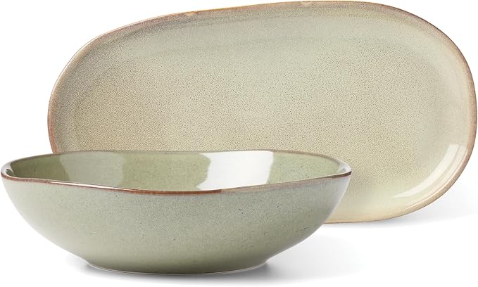 Oneida Organic Shades Sage Green Stoneware 2-Piece Serving Platter Set | dishwasher safe, microwave safe | includes platter and serving bowl | 44oz, food tray, gift for women