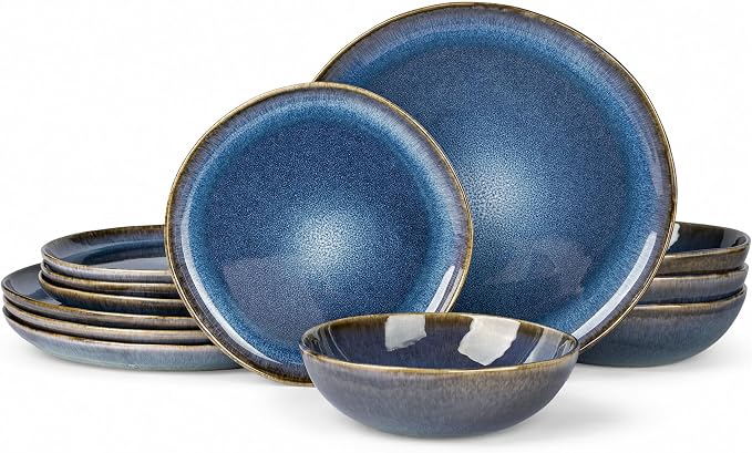 AmorArc Ceramic Dinnerware Sets for 4, 12Pcs Plates and Bowls Sets Dishes | Stoneware Handmade Reactive Glaze Dinner Set, Highly Scratch Resistant | Dishwasher & Microwave Safe Dishware