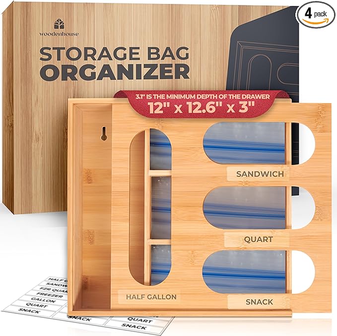 Bamboo Storage Bag Organizer for Drawer – Plastic Bag Organizer for Kitchen | Single Block Design, Quick Refill Slider – Fits Half Gallon, Quart & Snack Size Bags