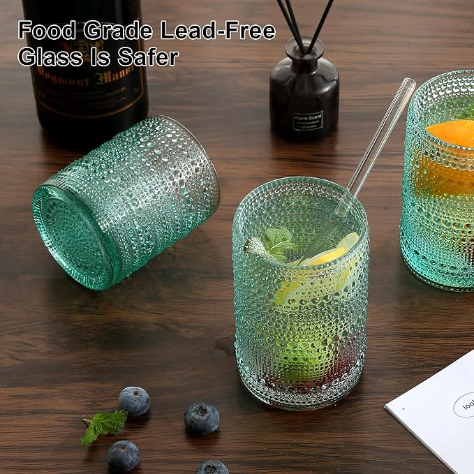 ZMOWIPDL Drinking Glasses Set of 12,Light Blue 12oz & 15oz Glass Cups | Vintage Hobnail Glassware，Embossed Water Tumbler,for Beer,Cocktail,Whiskey,Juice and Various Mixed Drinks
