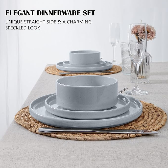E-far Dinnerware Sets for 6, 18-Piece Stoneware Plates and Bowls Set, Gray | Modern Kitchen Dining Dishware, Chip and Scratch Resistant, Microwave & Dishwasher Safe, Speckled Gray