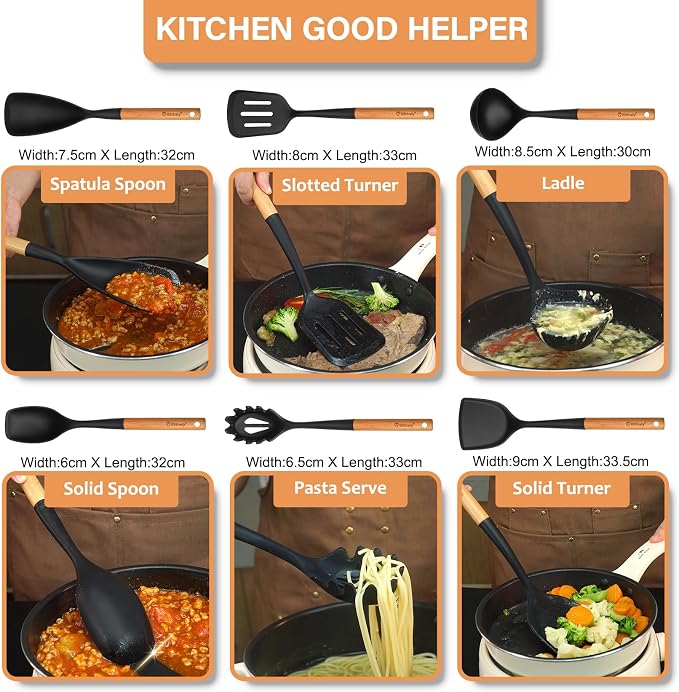 Large Silicone Cooking Utensils Set, 10Pcs Nonstick Kitchen Utensil Set with Wooden Handle, Heat Resistant Silicone Utensils for Cooking, BPA Free Spatula Set with Turners Spoon Ladle Skimmer(Black)