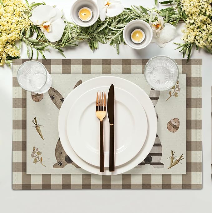 Easter Bunny Buffalo Plaid Placemats Set of 4 Rabbit Spring Egg Dining Table Placemats 12x18 Inch Check Brown White Heat Resistant Washable Table Mats for Kitchen Dining Holiday Indoor
