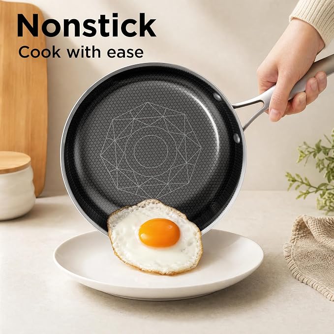 COOKER KING Nonstick Frying Pan Set of 3 (8+10+12 Inch),Stainless Steel Pan | Induction Pan, Non stick Skillet, Easy-Clean, Non-Toxic, Fast & Even Heating, Oven & Dishwasher Safe, Stay-Cool Handles
