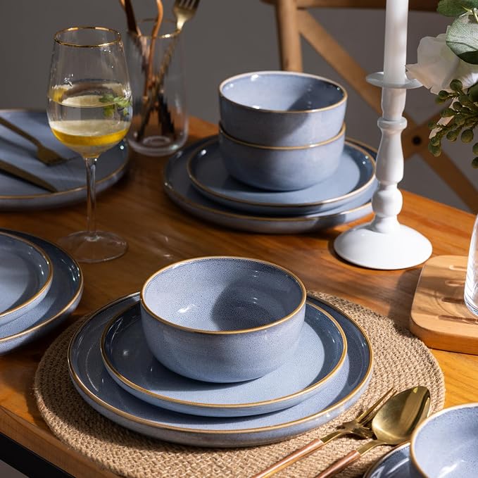 GBHOME Dinnerware Sets for 4, 12 Pieces Ceramic Plates and Bowls Set | Scratch Resistant Stoneware Dishes Set, Dishwasher & Microwave Safe, Reactive Glaze-Vista Blue