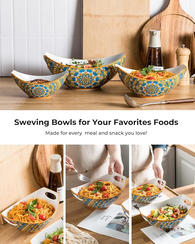 LAUCHUH Serving Bowls with Handles, Bohemian Porcelain Serving Dishes | Mixing Bowls for Entertaining Colorful Nesting Bowls Salad Bowls for Kitchen, Thanksgiving, Set of 3, 15/28/49 oz, Blue & Red