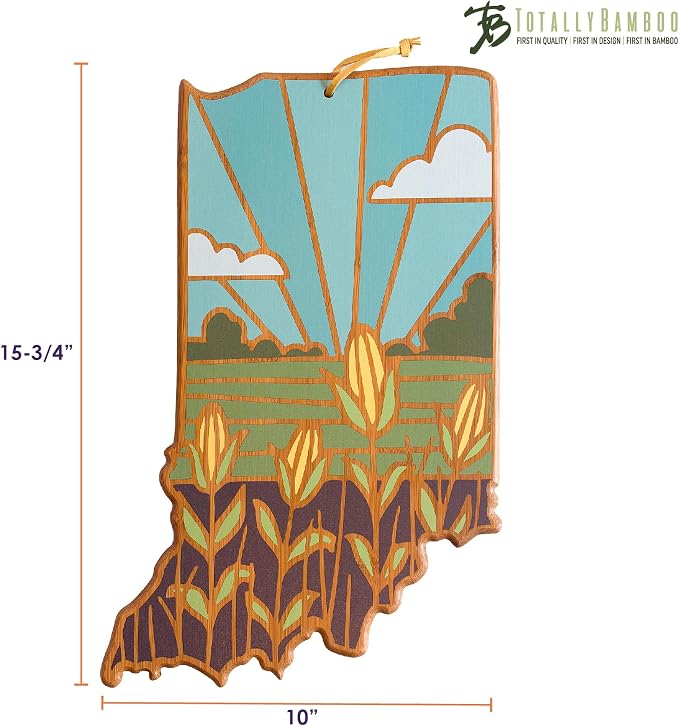 Totally Bamboo Indiana State Shaped Cutting Board, Summer Stokes Art | State charcuterie board with colorful hand-drawn landscape art. Smooth reverse side for food prep. Hang tie for wall display.