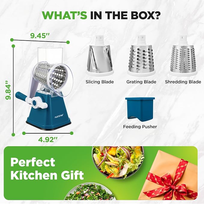 NutriChef 3 in 1 Cheese Grater & Shredder | Strong Suction Base, Rotary Handle with Safety Lock | Includes Hand Crank & 3 Drum Blades for 3 Textures, Fine, Medium & Strips | Blue
