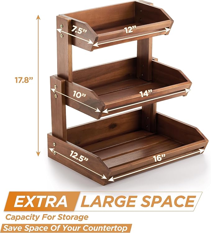 HOLANA Acacia Wood 3 Tier Fruit Basket, Durable, for Fruit and Vegetables | Solid Acacia Wood, Non-slip Pad, 20LBS Capacity, Slatted Design, Multi-Purpose Storage, Easy Assembly, Pantry Bin. Detachable