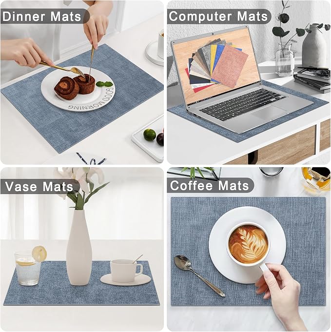 Homaxy PU Faux Leather Placemats for Dining Table, Set of 12, Blue | Waterproof Wipeable Washable Table Mats, Easy to Clean Anti-Slip Place Mats, 11.8" x 17"