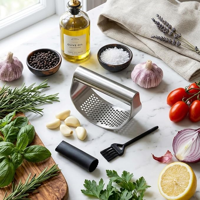 Angel's Peel Lounge Stainless Steel Garlic Press Rocker Set with Silicone Garlic Peeler & Cleaning Brush – Garlic Chopper, Mincer, Grater, Crusher (Stainless steel)