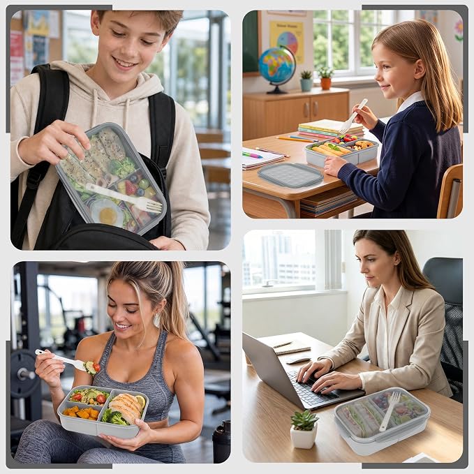 Itopor Bento Box for Kids & Adults, Lunch Box 46 oz / 1400ml, Gray | Wheat straw material, BPA-free, leakproof, 3 compartments, microwave & dishwasher safe, for school, office & travel
