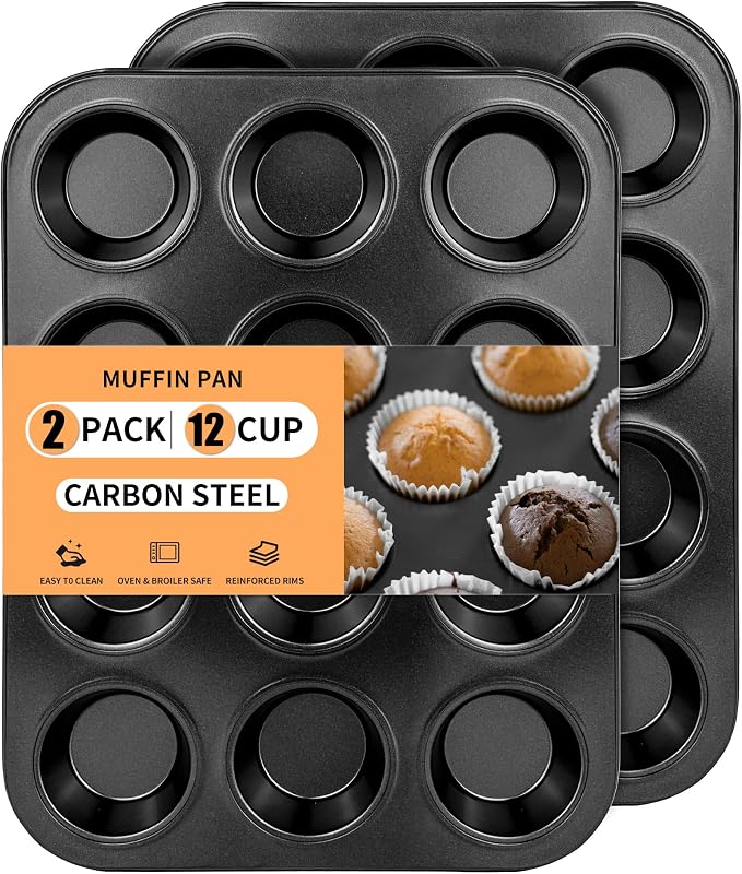 2 Pack 12-Cup 4/6/24/48 Cups Mini Muffin Pan, Heavy-Duty Carbon Steel Nonstick Cupcake Baking Pan, 1.54” Small Size Cups, Even Heat Distribution, Oven & Dishwasher Safe