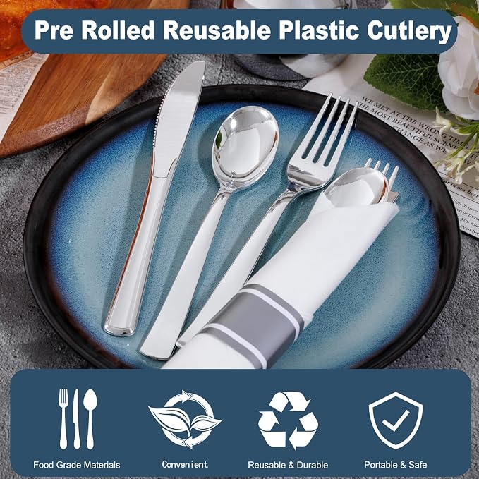 400PCS Pre Rolled Silver Plastic Silverware Heavy Duty for Wedding | Individually Wrapped Utensils, 100 Pack, Durable and Sturdy, BPA free, Include Matching napkins, For Parties, Catered Events