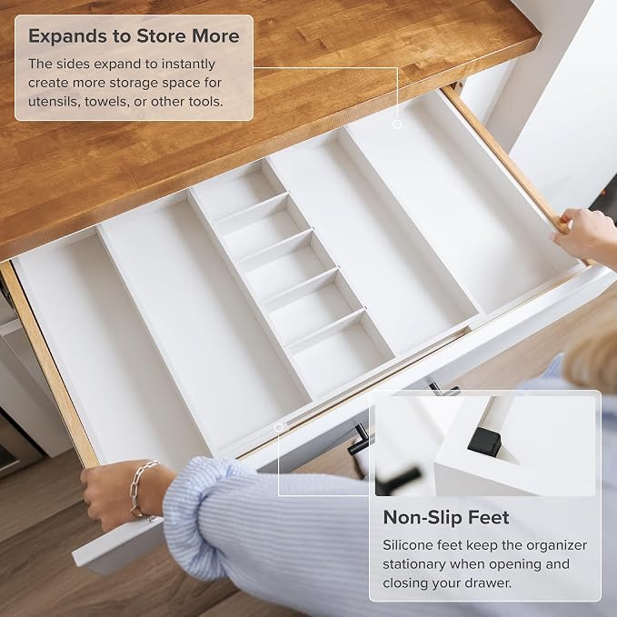 Utensil & Junk Drawer Organizer, 19-33 in, White Bamboo | Food-safe contract grade, 100% sustainable wood, non-slip, adjustable