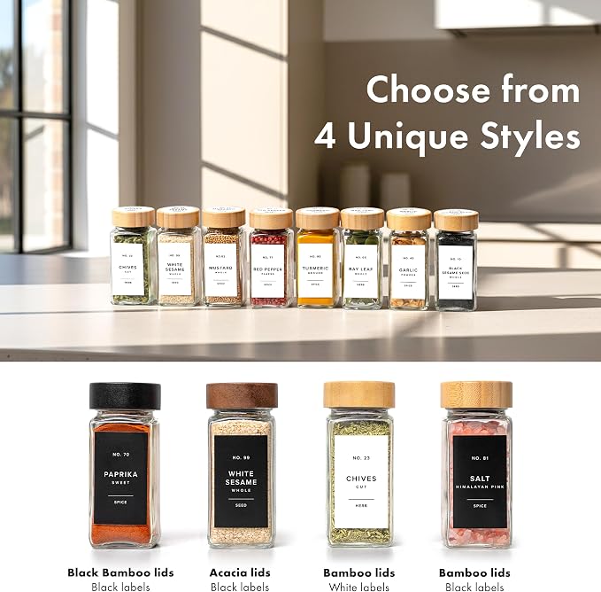 Glass Spice Jars with Label, 24x Bamboo Wooden Lids - White Labels | Airtight Lids keep spices fresh, Kitchen Spice Drawer Organizer, 4oz Seasoning Containers incl. Funnel, Brush & 240 Labels