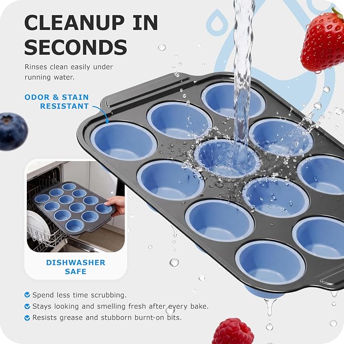 Silicone Muffin Pan for Baking with Metal Frame, 12 Cup Regular Size Cupcake Pan, Nonstick Food Grade Silicone Muffin Tin for Baking, Easy Release Egg Bite Molds, BPA Free
