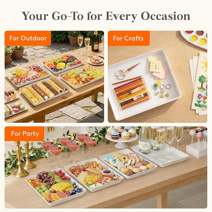 Lifewit 16" x 12" Extra Large Plastic Serving Trays for Party, 4 Pack Reusable White Food Platters for Cookies, Desserts, Fruit, Appetizers & Charcuterie, BPA-Free Catering Trays for Parties & Buffets