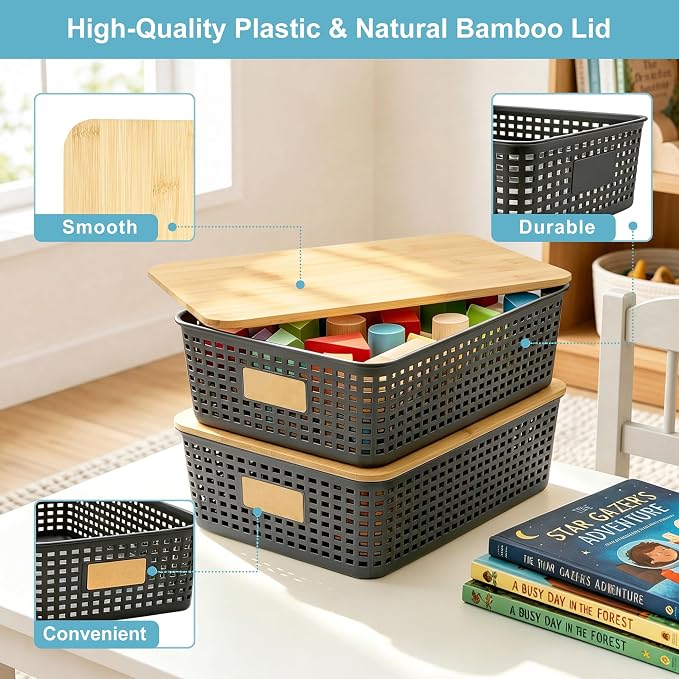4 Pack Plastic Storage Bins with Bamboo Lids, 6.2qt Stackable Storage Organizer Box with Lable for Pantry Shelves Drawers Desktop Office, 12"L x 8.3"W x 3.5"H, Gray