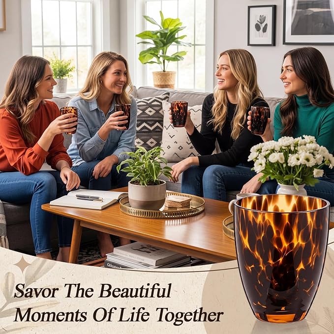 SiliFine Set of 2 Tortoise Shell Leopard Print Stemless Wine Glasses, 12oz Tapered Hand Blown Glass Tumblers, Brown Glassware, Ideal for Wine, Whiskey, Gin, Tequila, Party Gifts