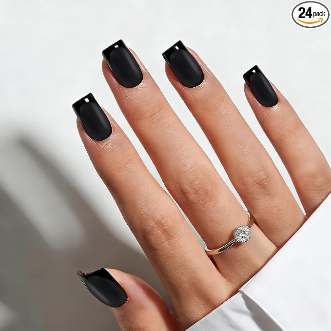 Press On Nails,Black,Short Square,Glossy French Tips With Matte | Salon-Quality Natural Nails, 10-Minute Easy Daily Application,2+ Weeks Wear, Fast Removal, 16 Sizes, All-in-One Complete Kit