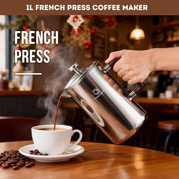 TOMAKEIT 1L/34 Oz French Press Coffee Maker,304 Stainless Steel Coffee Press,Durable & Easy Clean,Leak-Proof Design,Prensa Francesa Para Cafe for Home,Office,Camping (Silver-Upgrade)